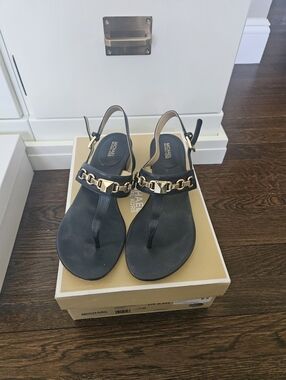 Michael Kors Navy Slingback Thong Sandals with Gold Chain